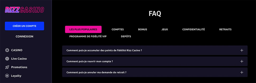 FAQ rizz casino